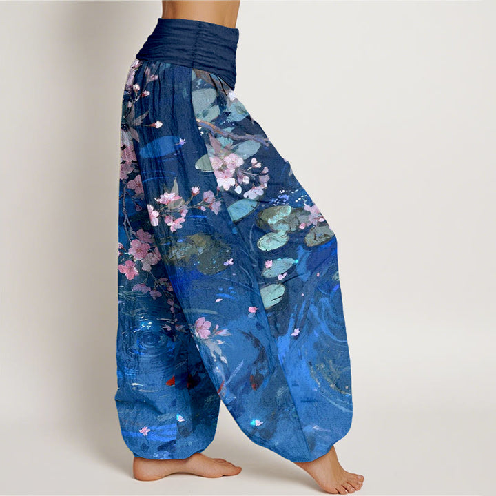 Pantalones bombachos de cintura elástica para mujer, de algodón puro con estampado de flores de sakura, peces koi y hojas de loto, con Buddha Stones. - image 10