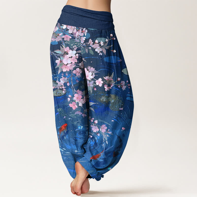 Pantalones bombachos de cintura elástica para mujer, de algodón puro con estampado de flores de sakura, peces koi y hojas de loto, con Buddha Stones. - image 9