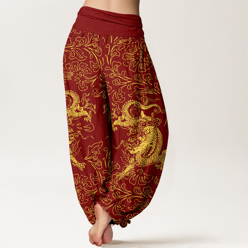 Pantalón tipo harem de mujer con cintura elástica, estampado floral de dragón y Buddha Stones, de algodón puro. - image 1