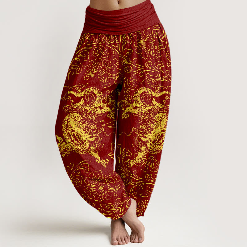 Pantalón tipo harem de mujer con cintura elástica, estampado floral de dragón y Buddha Stones, de algodón puro. - Ladrillo refractario - US16，UK/AU20，EU48 (3XL) - image 0