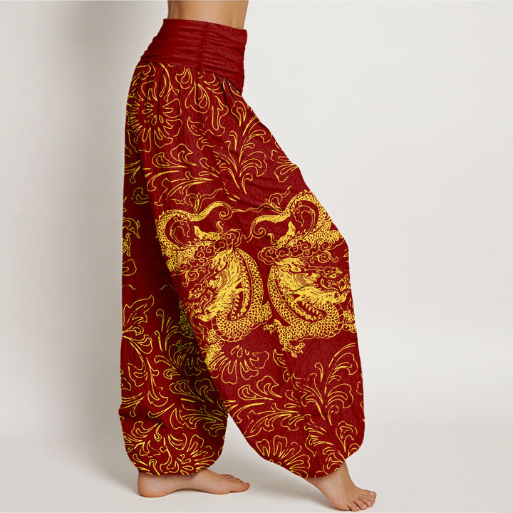 Pantalón tipo harem de mujer con cintura elástica, estampado floral de dragón y Buddha Stones, de algodón puro. - image 2