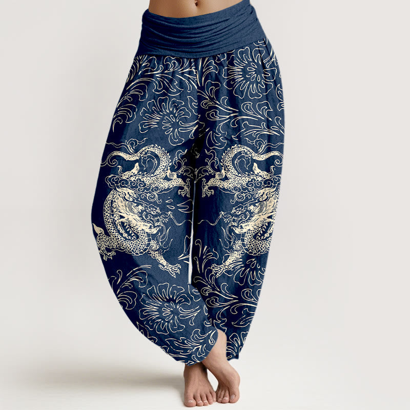 Pantalón tipo harem de mujer con cintura elástica, estampado floral de dragón y Buddha Stones, de algodón puro. - Azul acero - US16，UK/AU20，EU48 (3XL) - image 5
