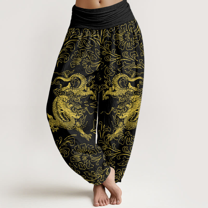 Pantalón tipo harem de mujer con cintura elástica, estampado floral de dragón y Buddha Stones, de algodón puro. - Negro - US16，UK/AU20，EU48 (3XL) - image 8