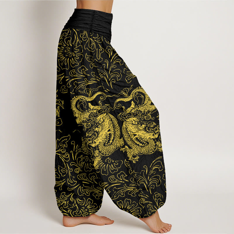 Pantalón tipo harem de mujer con cintura elástica, estampado floral de dragón y Buddha Stones, de algodón puro. - image 10
