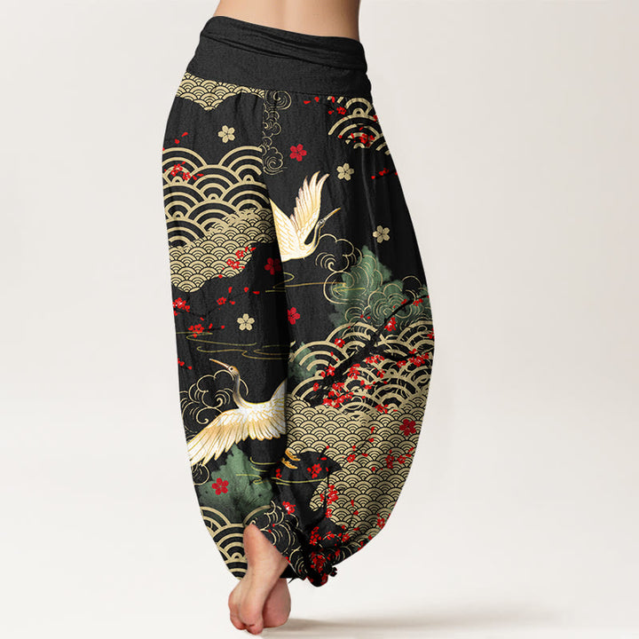 Pantalones bombachos de algodón con cintura elástica para mujer, estampado de Buddha Stones, grullas, nubes auspiciosas y flores. - image 1