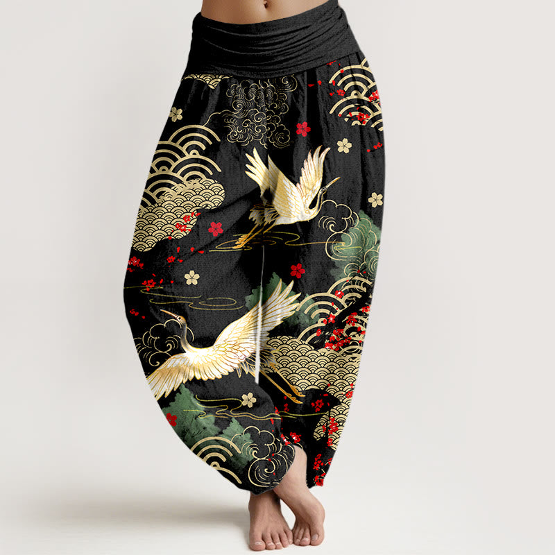 Pantalones bombachos de algodón con cintura elástica para mujer, estampado de Buddha Stones, grullas, nubes auspiciosas y flores. - Negro - US16，UK/AU20，EU48 (3XL) - image 0