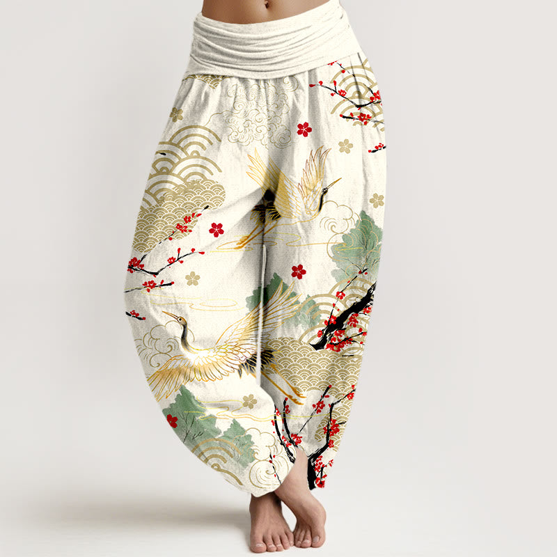 Pantalones bombachos de algodón con cintura elástica para mujer, estampado de Buddha Stones, grullas, nubes auspiciosas y flores. - Marfil - US16，UK/AU20，EU48 (3XL) - image 8