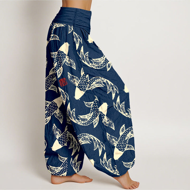 Pantalón tipo harem de cintura elástica para mujer con estampado de peces koi y Buddha Stones, de algodón puro. - image 2