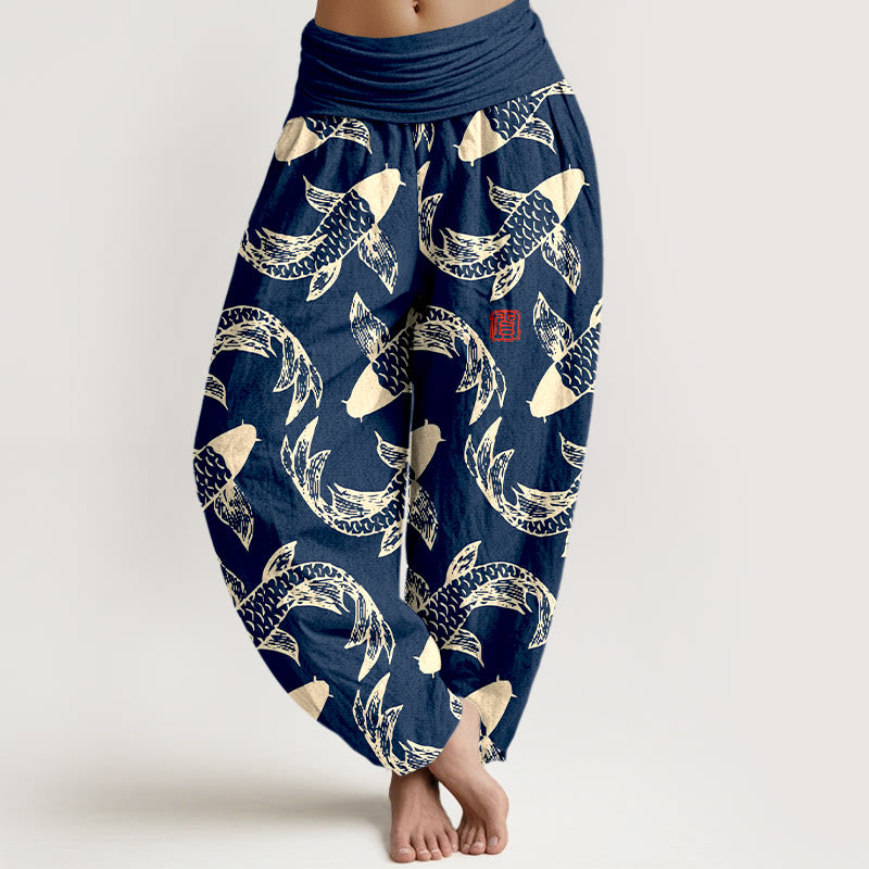 Pantalón tipo harem de cintura elástica para mujer con estampado de peces koi y Buddha Stones, de algodón puro. - Azul acero - US16，UK/AU20，EU48 (3XL) - image 0
