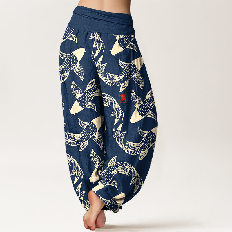 Pantalón tipo harem de cintura elástica para mujer con estampado de peces koi y Buddha Stones, de algodón puro. - image 1