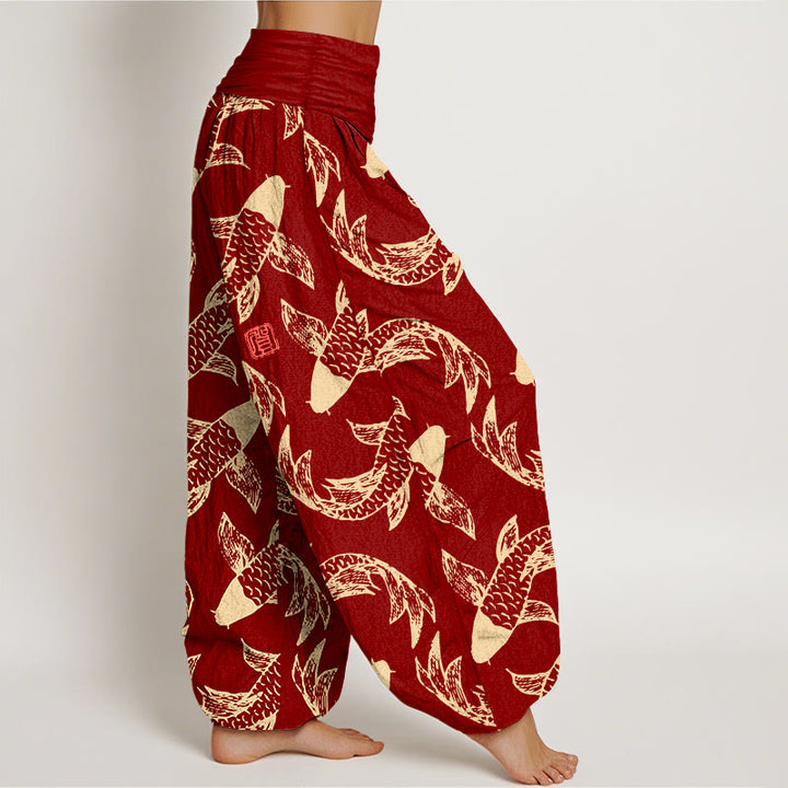 Pantalón tipo harem de cintura elástica para mujer con estampado de peces koi y Buddha Stones, de algodón puro. - image 7