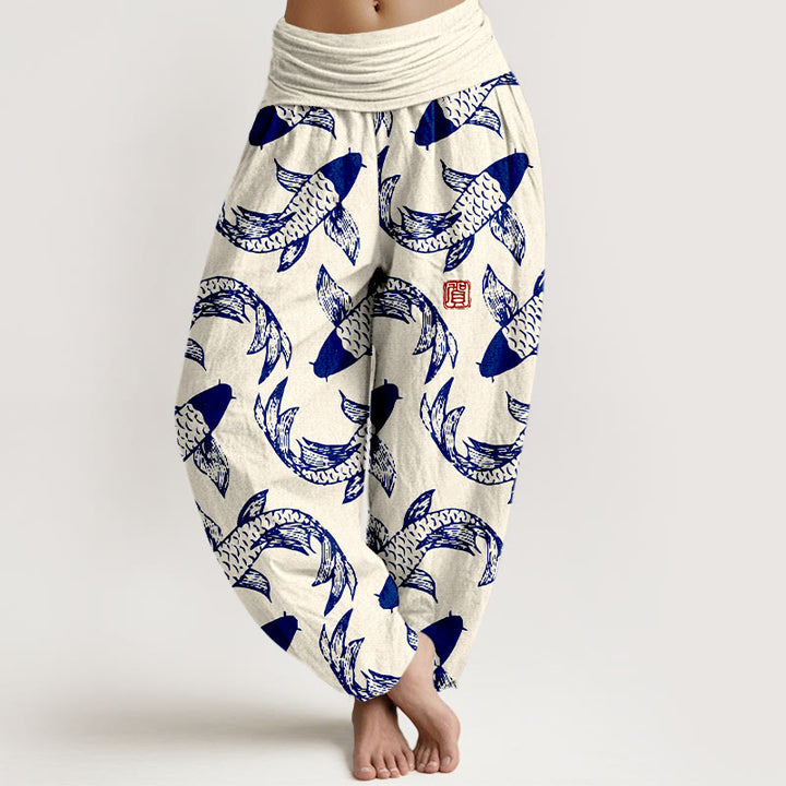 Pantalón tipo harem de cintura elástica para mujer con estampado de peces koi y Buddha Stones, de algodón puro. - Lino - US16，UK/AU20，EU48 (3XL) - image 8