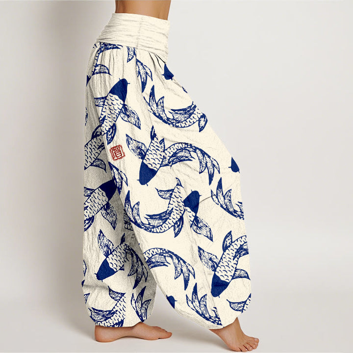 Pantalón tipo harem de cintura elástica para mujer con estampado de peces koi y Buddha Stones, de algodón puro. - image 10