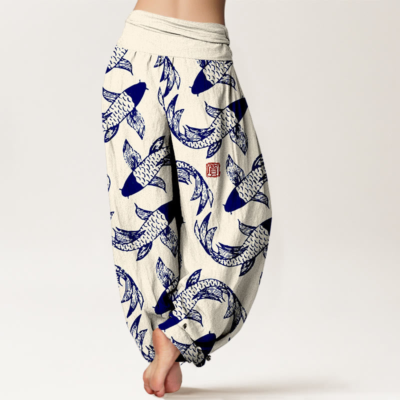 Pantalón tipo harem de cintura elástica para mujer con estampado de peces koi y Buddha Stones, de algodón puro. - image 9