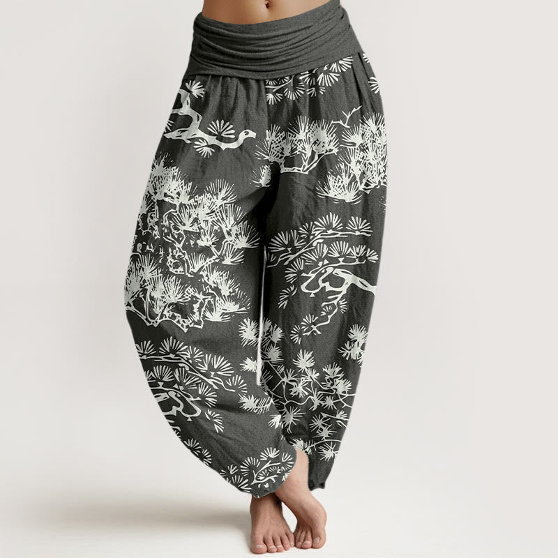Pantalones bombachos de cintura elástica para mujer con estampado de ramas de pino y piedras de Buddha Stones, de algodón puro. - Negro - US16，UK/AU20，EU48 (3XL) - image 0