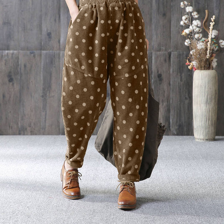 Pantalones harén de pana con estampado de lunares y bolsillos para mujer de Buddha Stones para el otoño - image 1