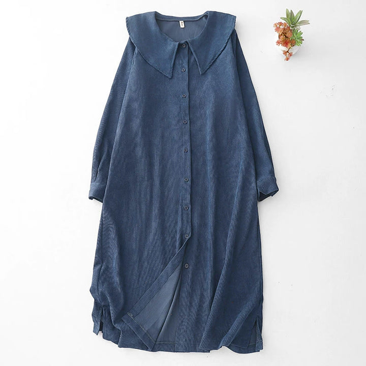 Vestido midi de pana de manga larga con botones lisos y bolsillos, con estampado de Buddha Stones Fall - Azul oscuro - US8-10，UK/AU12-14，EU40-42 (2XL) - image 0