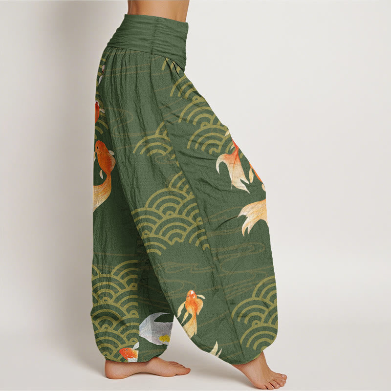Pantalones bombachos de cintura elástica para mujer, de algodón puro con estampado de peces koi rojos y ondas en forma de abanico, de Buddha Stones. - image 2