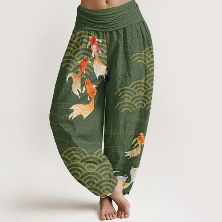 Pantalones bombachos de cintura elástica para mujer, de algodón puro con estampado de peces koi rojos y ondas en forma de abanico, de Buddha Stones. - Verde mar medio - US16，UK/AU20，EU48 (3XL) - image 0
