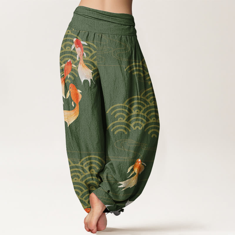 Pantalones bombachos de cintura elástica para mujer, de algodón puro con estampado de peces koi rojos y ondas en forma de abanico, de Buddha Stones. - image 1