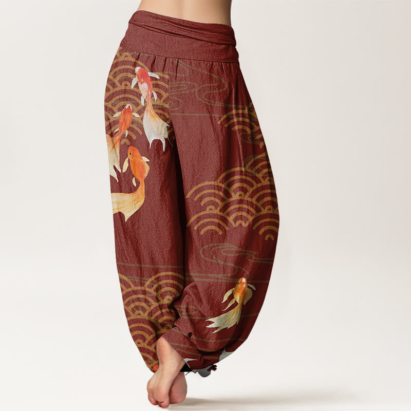Pantalones bombachos de cintura elástica para mujer, de algodón puro con estampado de peces koi rojos y ondas en forma de abanico, de Buddha Stones. - image 6