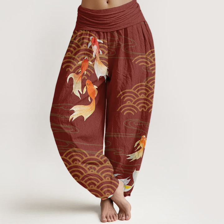 Pantalones bombachos de cintura elástica para mujer, de algodón puro con estampado de peces koi rojos y ondas en forma de abanico, de Buddha Stones. - Ladrillo refractario - US16，UK/AU20，EU48 (3XL) - image 5