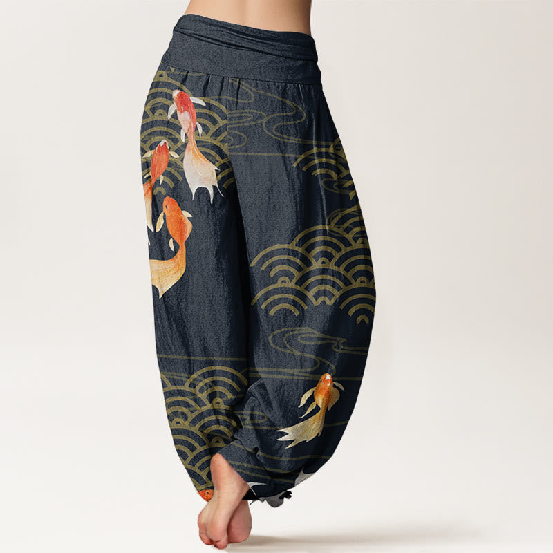 Pantalones bombachos de cintura elástica para mujer, de algodón puro con estampado de peces koi rojos y ondas en forma de abanico, de Buddha Stones. - image 9
