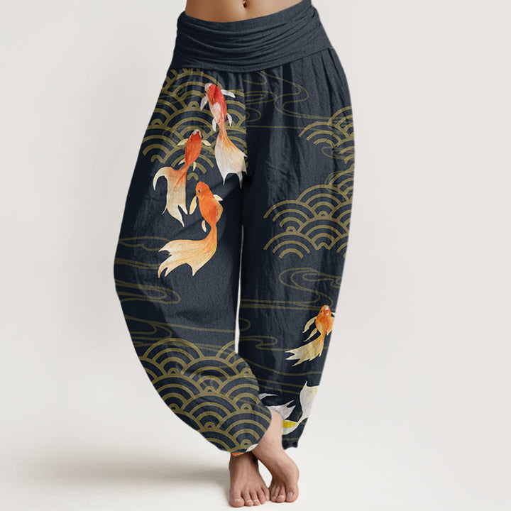 Pantalones bombachos de cintura elástica para mujer, de algodón puro con estampado de peces koi rojos y ondas en forma de abanico, de Buddha Stones. - Negro - US16，UK/AU20，EU48 (3XL) - image 8