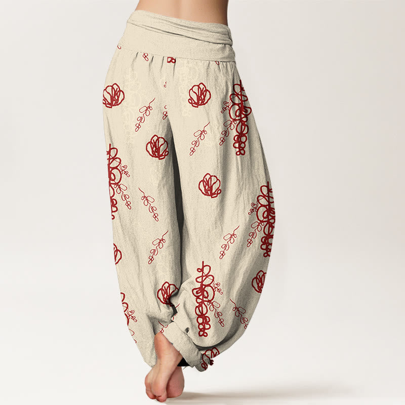 Pantalones tipo harem de algodón con cintura elástica para mujer, estampado de Buddha Stones, flores pintadas a mano y ramas. - image 1