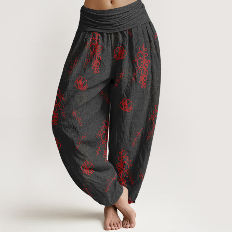 Pantalones tipo harem de algodón con cintura elástica para mujer, estampado de Buddha Stones, flores pintadas a mano y ramas. - Negro y rojo - US16，UK/AU20，EU48 (3XL) - image 5