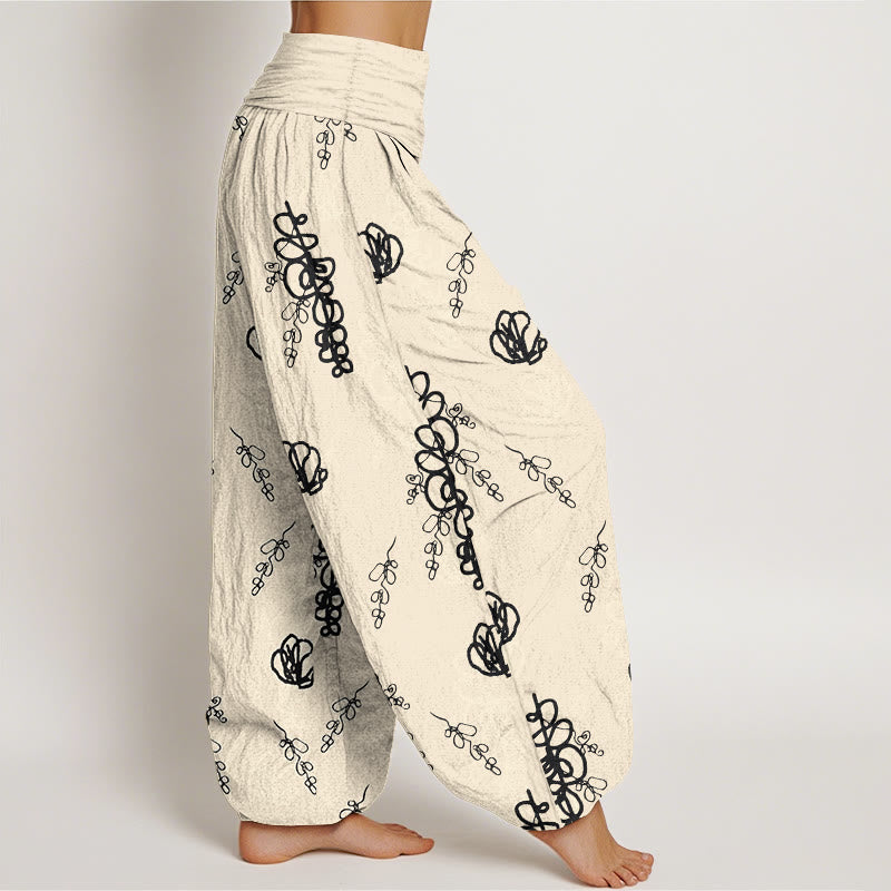 Pantalones tipo harem de algodón con cintura elástica para mujer, estampado de Buddha Stones, flores pintadas a mano y ramas. - image 10