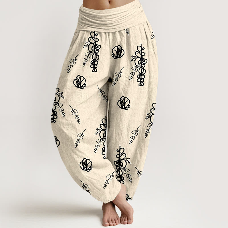 Pantalones tipo harem de algodón con cintura elástica para mujer, estampado de Buddha Stones, flores pintadas a mano y ramas. - Beige y negro - US16，UK/AU20，EU48 (3XL) - image 8