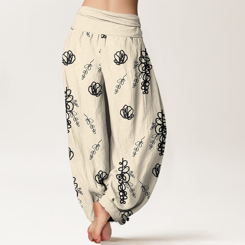 Pantalones tipo harem de algodón con cintura elástica para mujer, estampado de Buddha Stones, flores pintadas a mano y ramas. - image 9