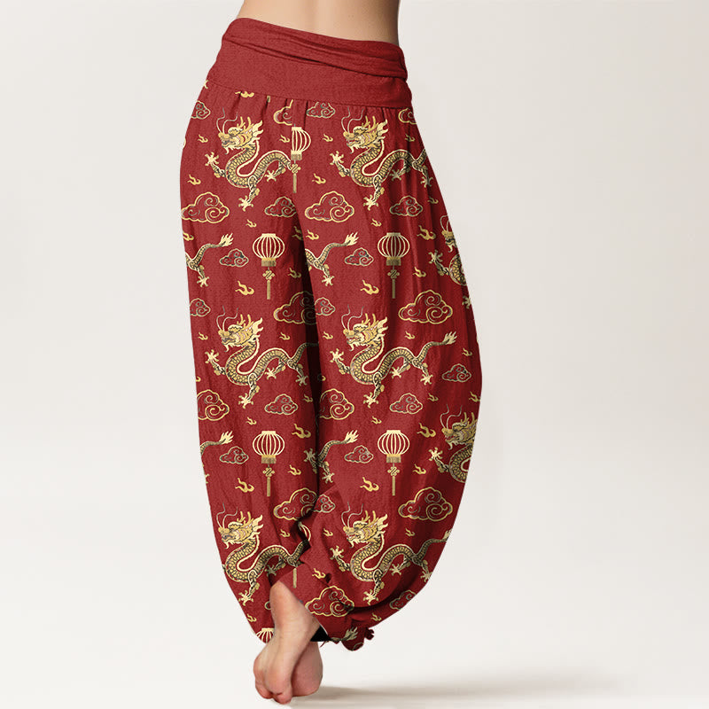 Pantalones bombachos de algodón con cintura elástica para mujer, estampado de Buddha Stones, dragón, nube auspiciosa y farolillo. - image 1