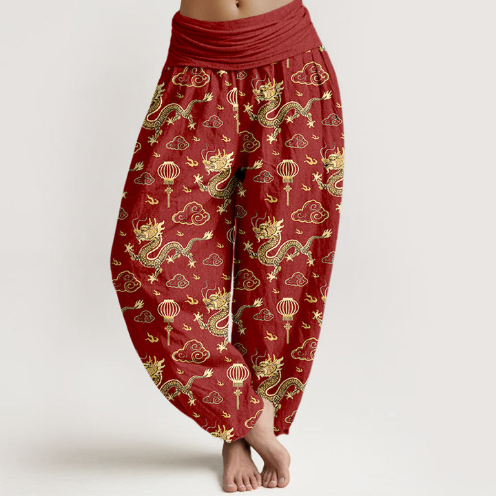 Pantalones bombachos de algodón con cintura elástica para mujer, estampado de Buddha Stones, dragón, nube auspiciosa y farolillo. - Rojo - US16，UK/AU20，EU48 (3XL) - image 0