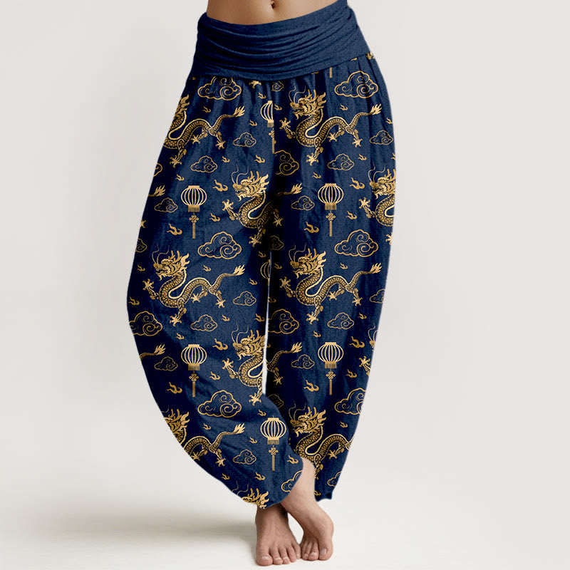 Pantalones bombachos de algodón con cintura elástica para mujer, estampado de Buddha Stones, dragón, nube auspiciosa y farolillo. - Azul medianoche - US16，UK/AU20，EU48 (3XL) - image 5