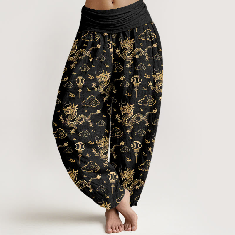 Pantalones bombachos de algodón con cintura elástica para mujer, estampado de Buddha Stones, dragón, nube auspiciosa y farolillo. - Negro - US16，UK/AU20，EU48 (3XL) - image 8