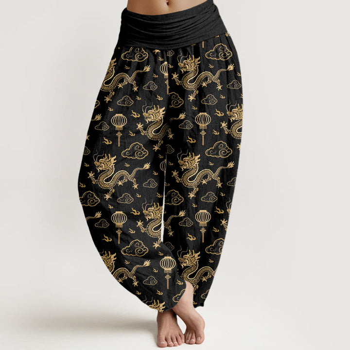 Pantalones bombachos de algodón con cintura elástica para mujer, estampado de Buddha Stones, dragón, nube auspiciosa y farolillo. - Negro - US16，UK/AU20，EU48 (3XL) - image 8