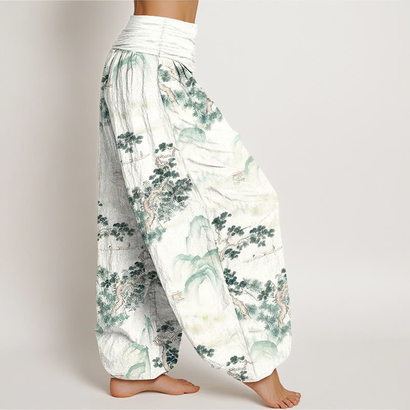 Pantalones bombachos de cintura elástica para mujer, de algodón puro, con estampado de Buddha Stones, pinos y montañas. - image 2