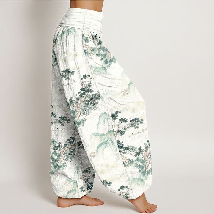 Pantalones bombachos de cintura elástica para mujer, de algodón puro, con estampado de Buddha Stones, pinos y montañas. - image 2