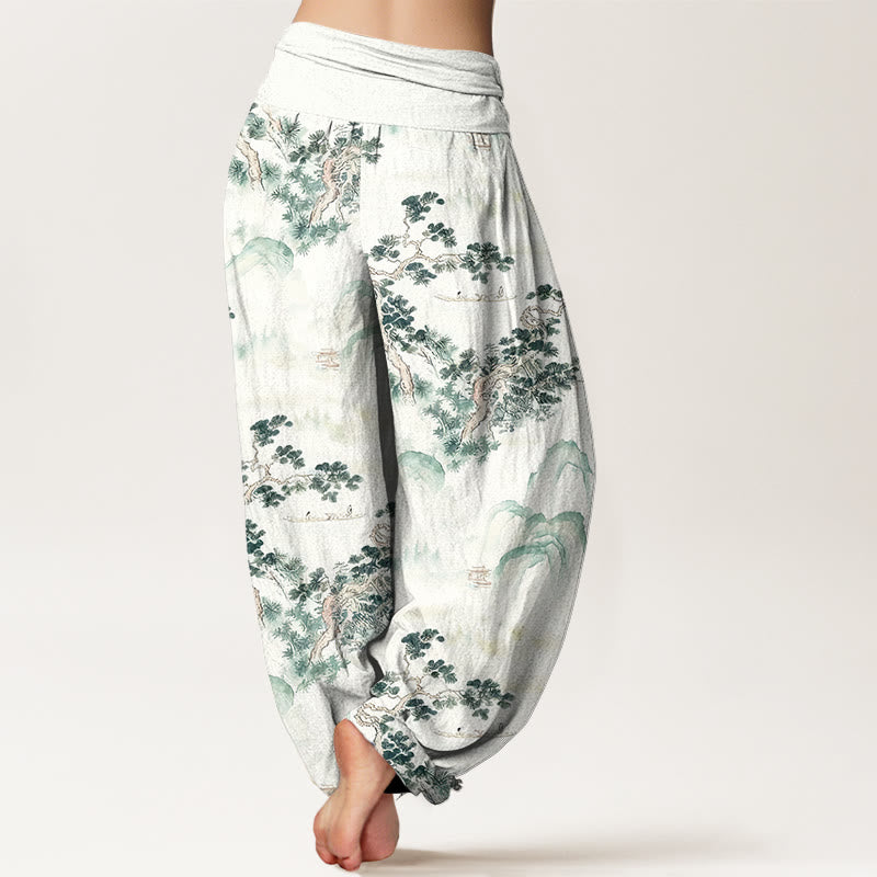 Pantalones bombachos de cintura elástica para mujer, de algodón puro, con estampado de Buddha Stones, pinos y montañas. - image 1