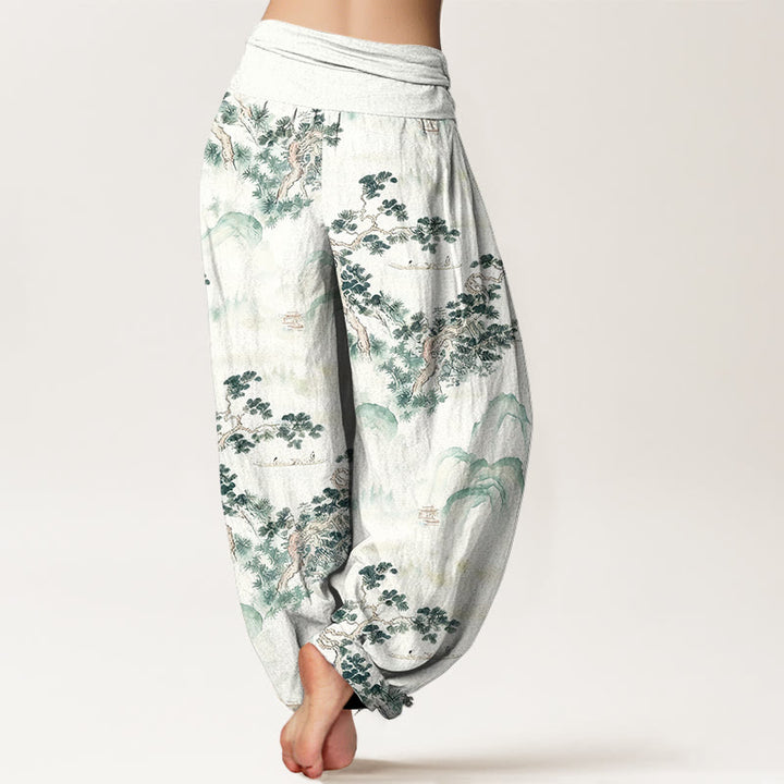 Pantalones bombachos de cintura elástica para mujer, de algodón puro, con estampado de Buddha Stones, pinos y montañas. - image 1