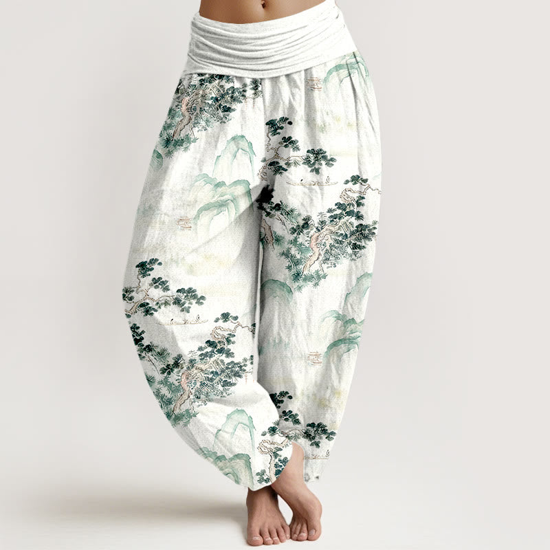 Pantalones bombachos de cintura elástica para mujer, de algodón puro, con estampado de Buddha Stones, pinos y montañas. - Verdemar - US16，UK/AU20，EU48 (3XL) - image 0