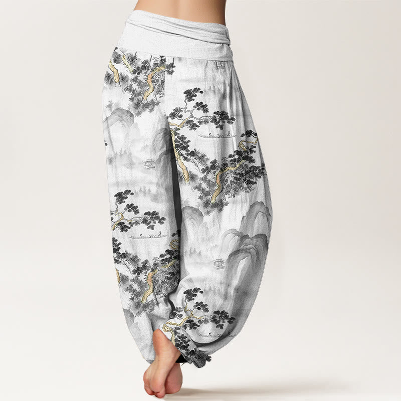 Pantalones bombachos de cintura elástica para mujer, de algodón puro, con estampado de Buddha Stones, pinos y montañas. - image 6