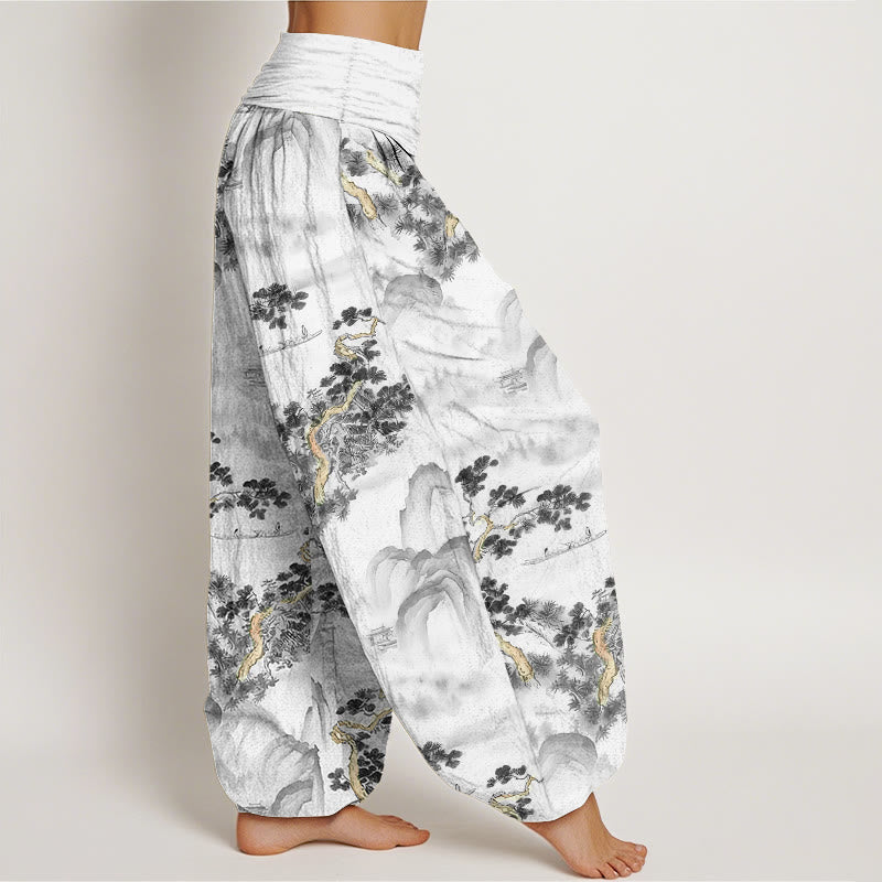 Pantalones bombachos de cintura elástica para mujer, de algodón puro, con estampado de Buddha Stones, pinos y montañas. - image 7