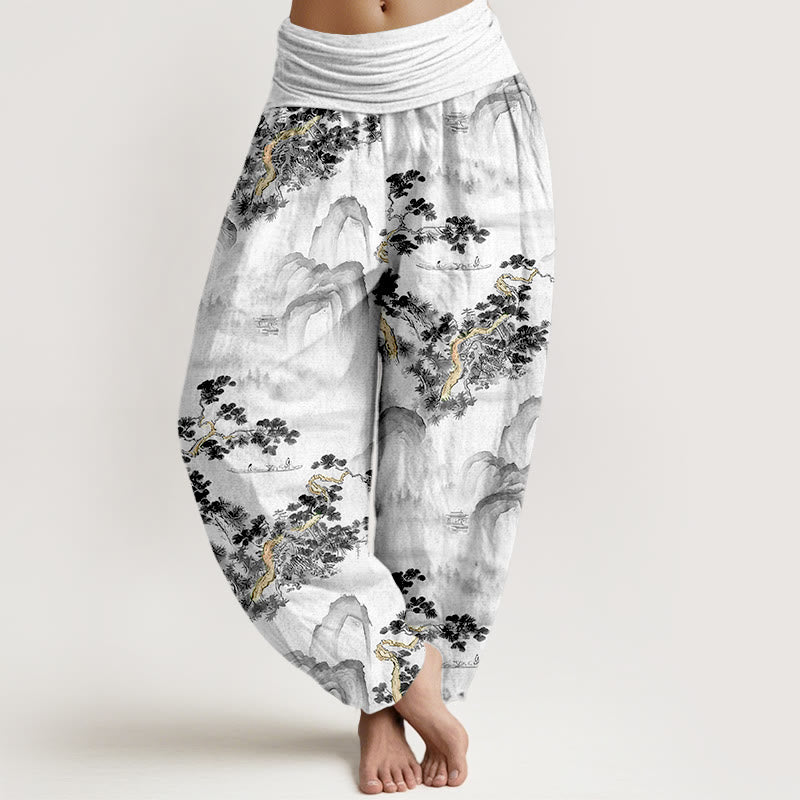 Pantalones bombachos de cintura elástica para mujer, de algodón puro, con estampado de Buddha Stones, pinos y montañas. - Negro - US16，UK/AU20，EU48 (3XL) - image 5