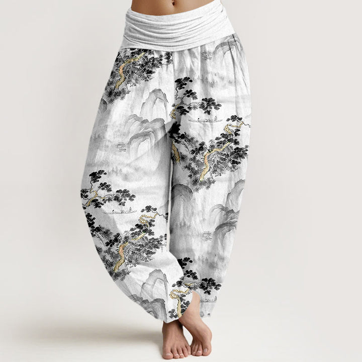 Pantalones bombachos de cintura elástica para mujer, de algodón puro, con estampado de Buddha Stones, pinos y montañas. - Negro - US16，UK/AU20，EU48 (3XL) - image 5
