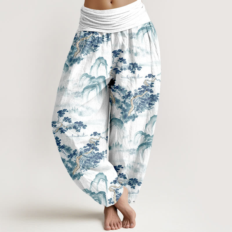 Pantalones bombachos de cintura elástica para mujer, de algodón puro, con estampado de Buddha Stones, pinos y montañas. - Celeste - US16，UK/AU20，EU48 (3XL) - image 8