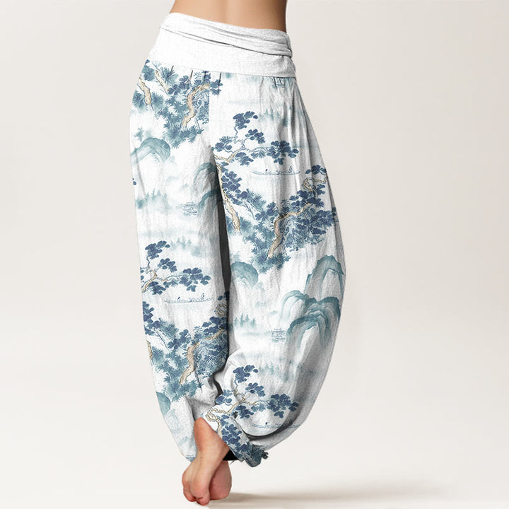 Pantalones bombachos de cintura elástica para mujer, de algodón puro, con estampado de Buddha Stones, pinos y montañas. - image 10