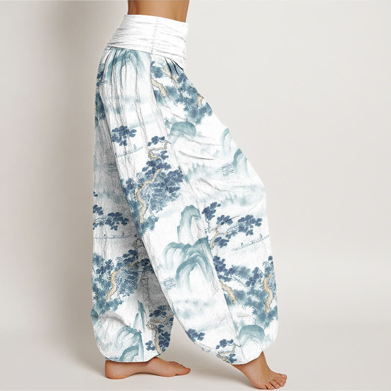 Pantalones bombachos de cintura elástica para mujer, de algodón puro, con estampado de Buddha Stones, pinos y montañas. - image 9